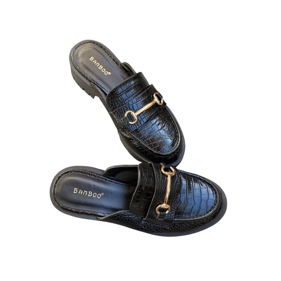 Bamboo Womens Black Croc Embossed Mule Loafers With Gold Bit Detail Size 8 - Picture 5 of 5